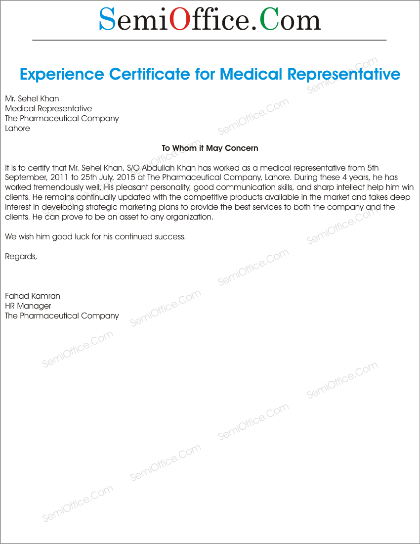 Experience Letter for Medical Representative