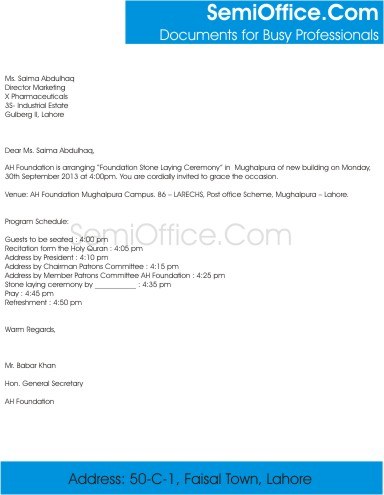 Foundation Stone Laying Ceremony Invitation Letter anc Card