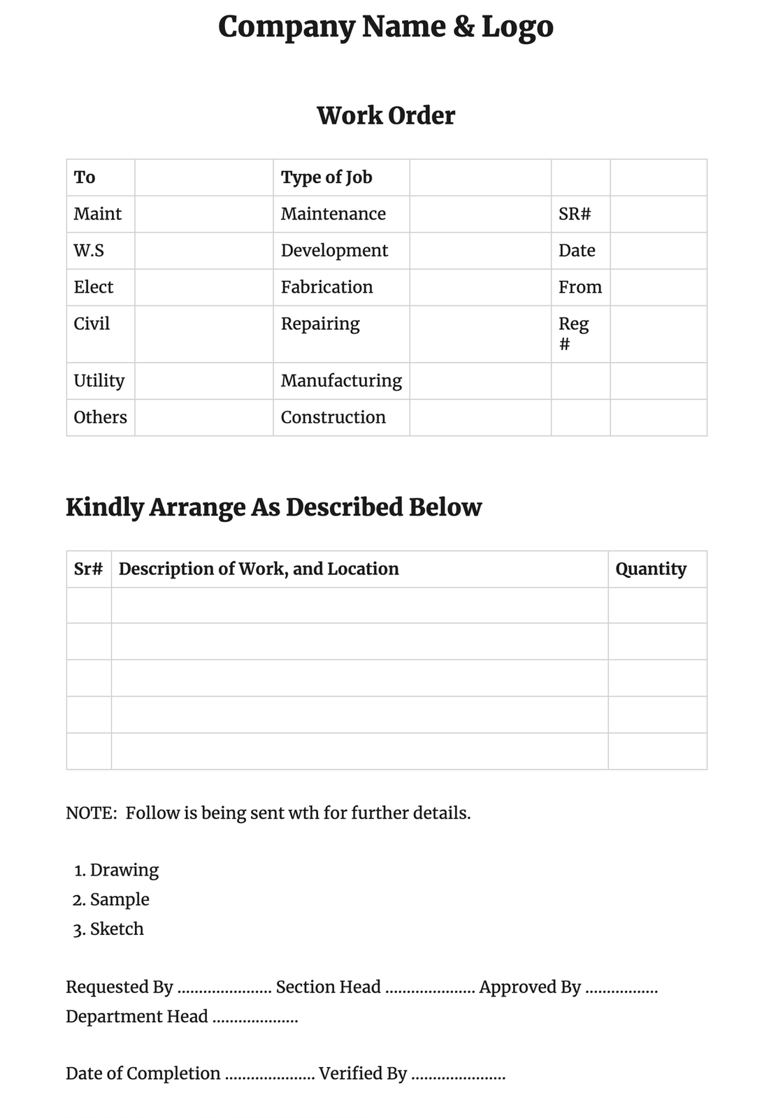 Internal Work Order Form Template Free Download