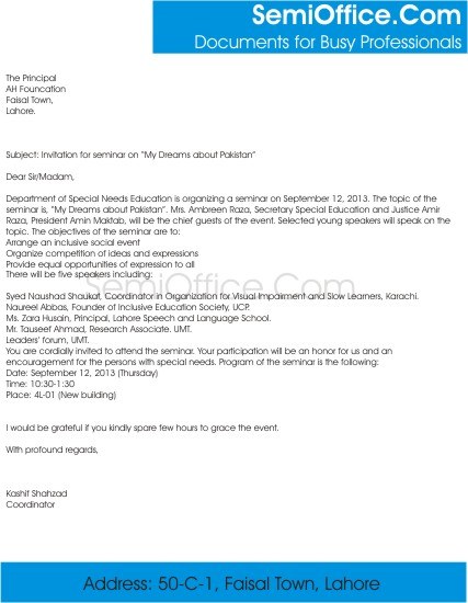 Invitation Letter For Seminar Participants