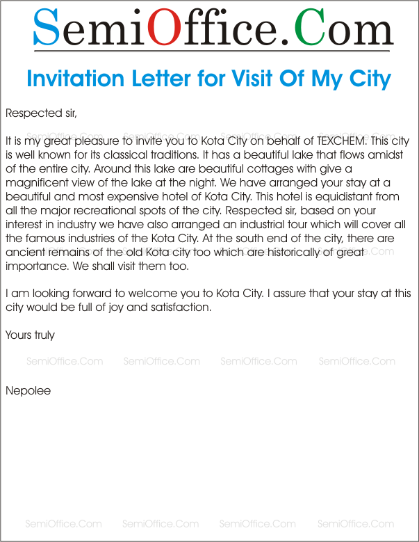 Invitation Letter for Visit Of My City