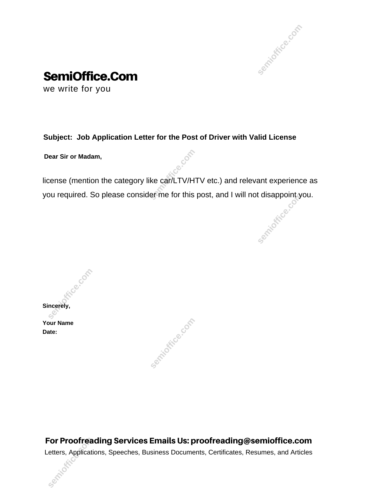 Job Application Letter for the Post of Driver with Valid License