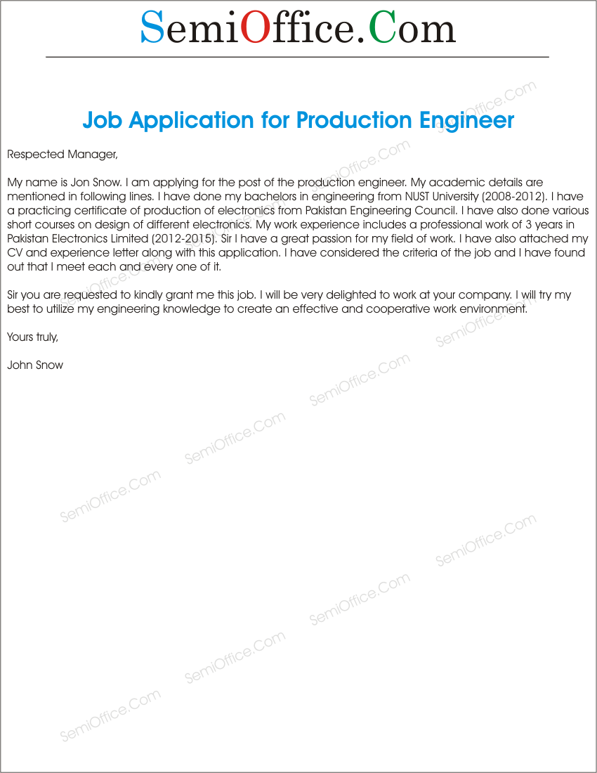 Job Application Letter for Production Engineer