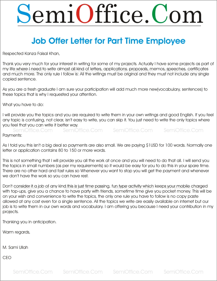 Offer Letter for Part Time Employment