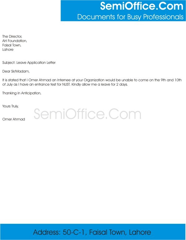 Leave Application Letter Format