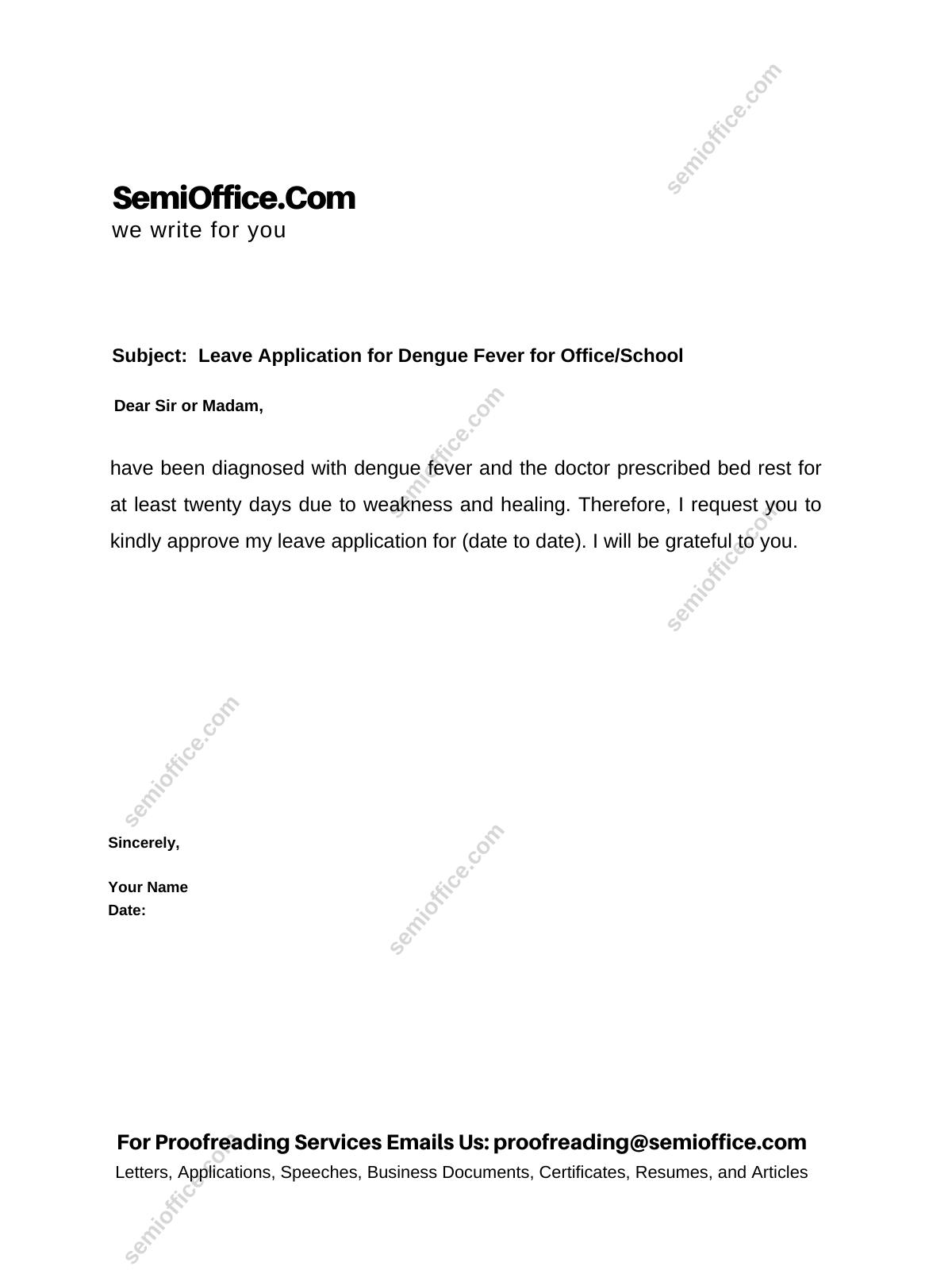 Leave Application for Dengue Fever for Office/School