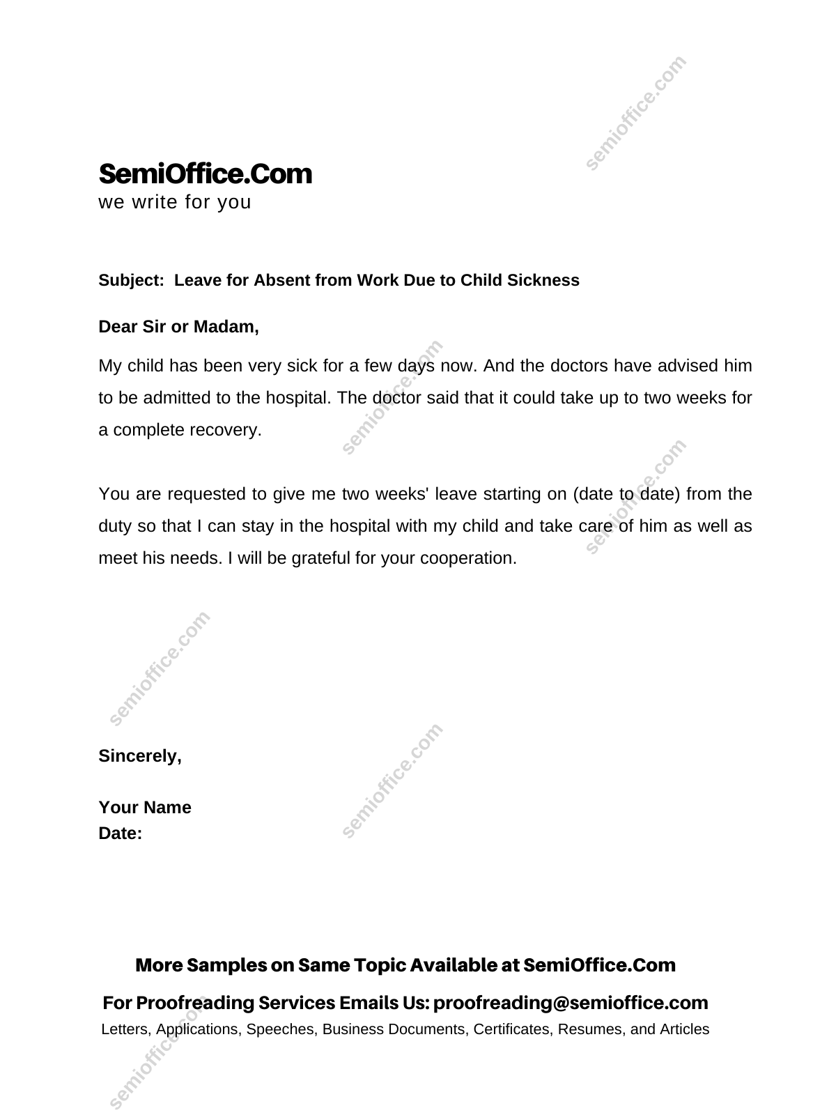 Excuse Letter for Being Absent From Work Due to Sickness of Son