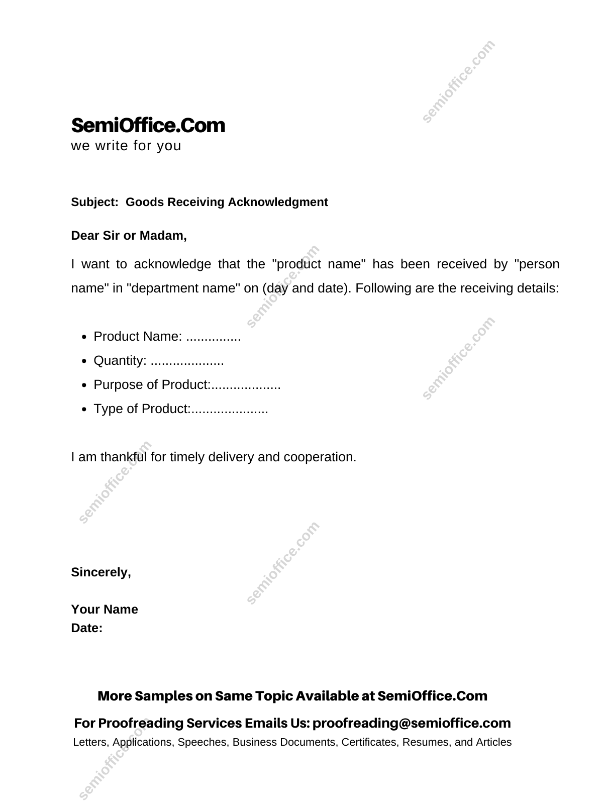 Letter of Acknowledgment About Goods Received