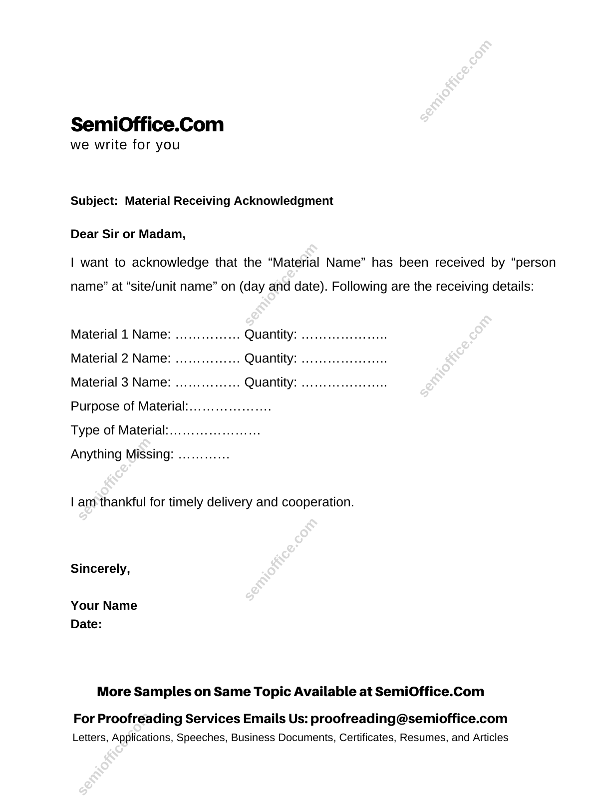 Letter of Acknowledgement Receiving Material to Supplier