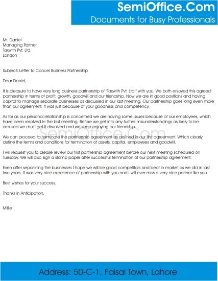 Letter to Cancel Business Partnership