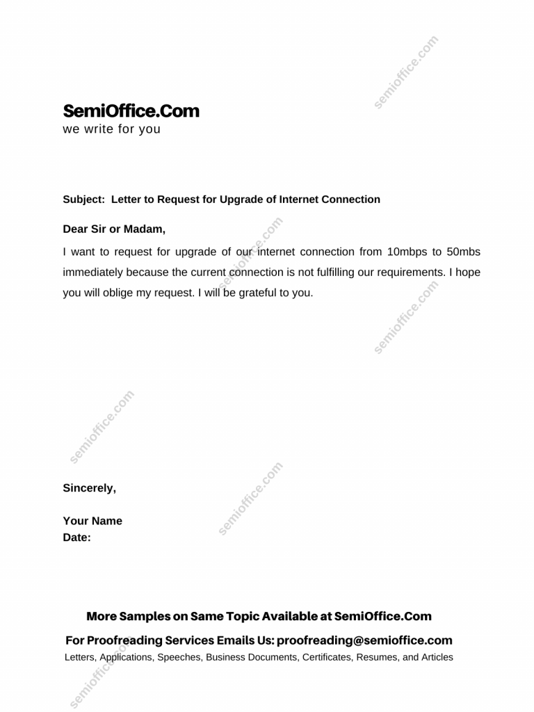 Letter to Request for Upgrade of Internet Connection (Package Upgrade)