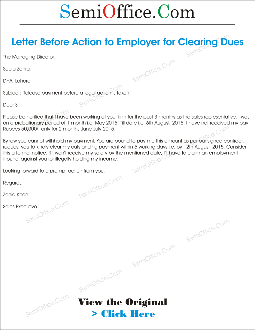 Letter Before Action to Employer for Clearing Dues