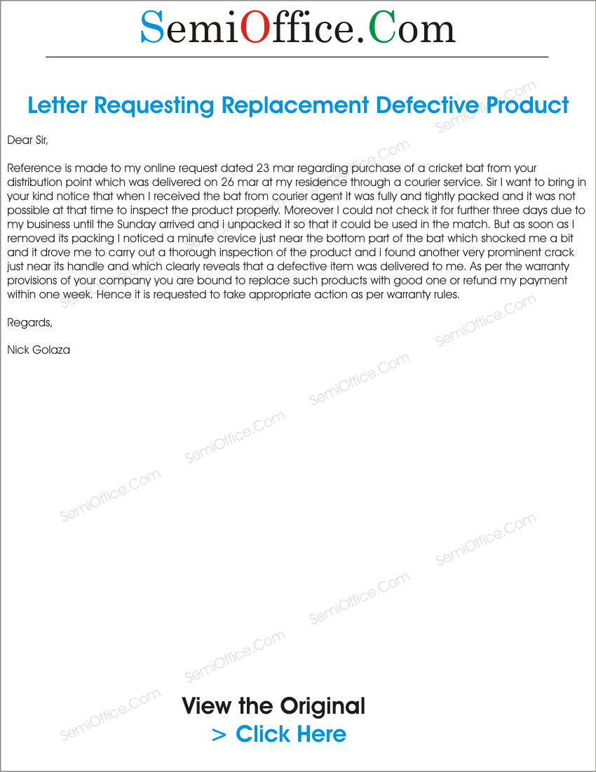 Letter for Replacement of Products Found Defective