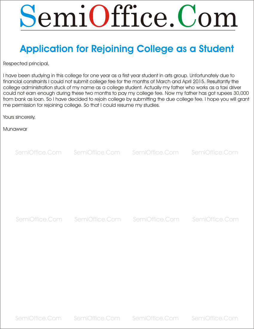 Letter to Director for Rejoin College as a Student