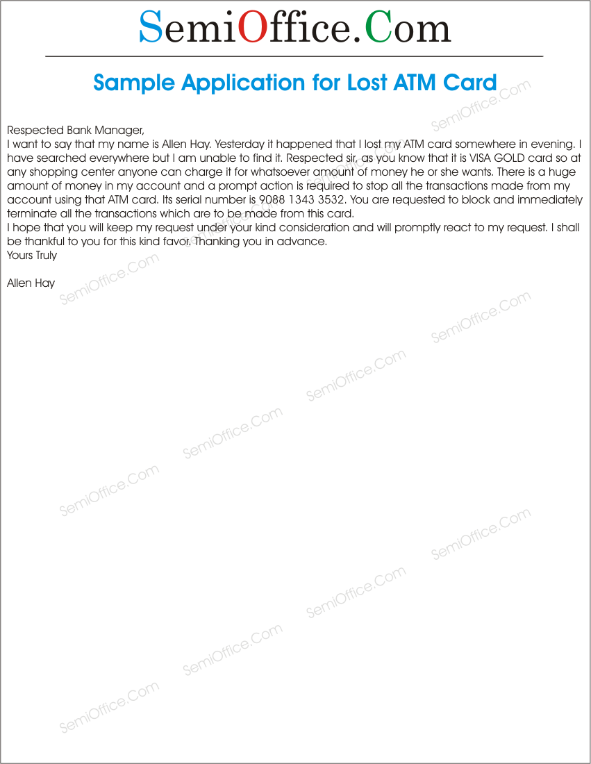 Letter to Inform Bank For Lost ATM Card, or Credit Card For Bank