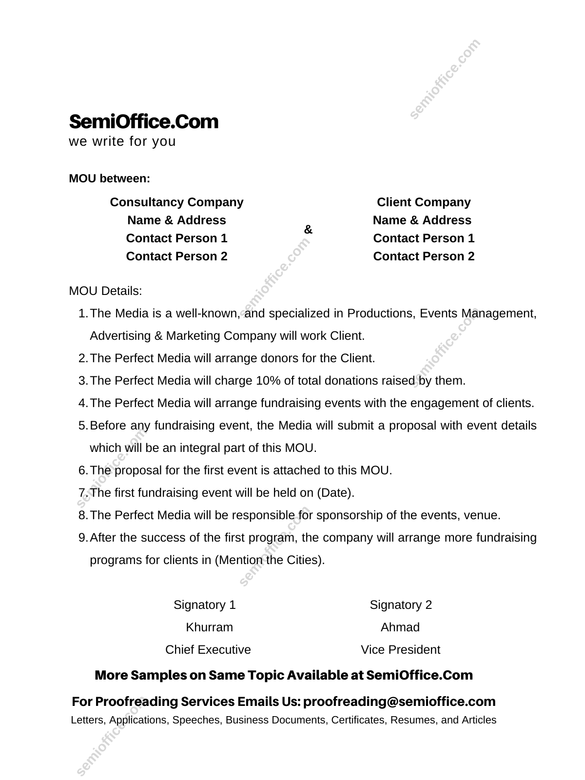 MOU Sample for Business, Company or Organisation