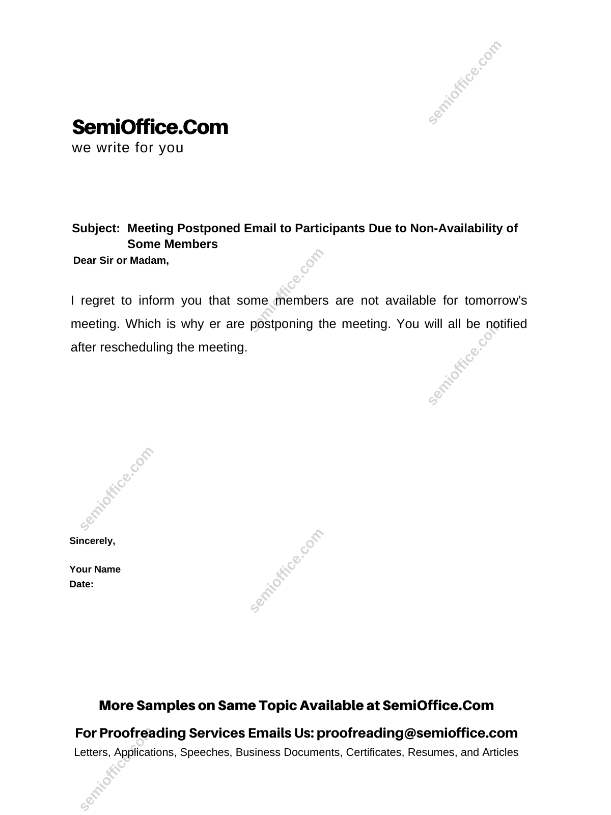 Meeting Postponed Email to Participants Due to Non-Availability of Some Members