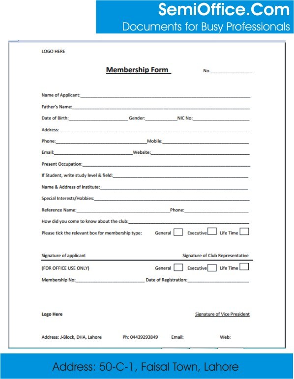 Membership Form Template Word, and Excel