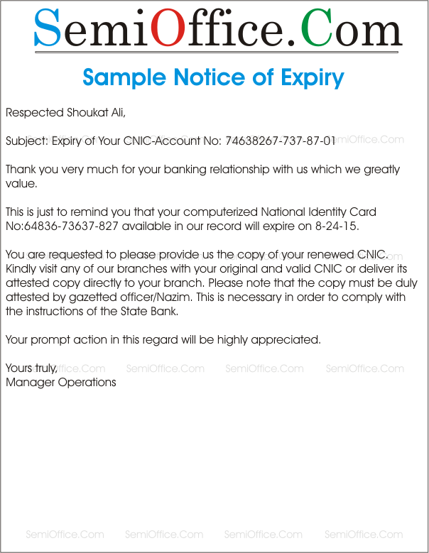 Notice of NIC Expiry to Clients from Bank