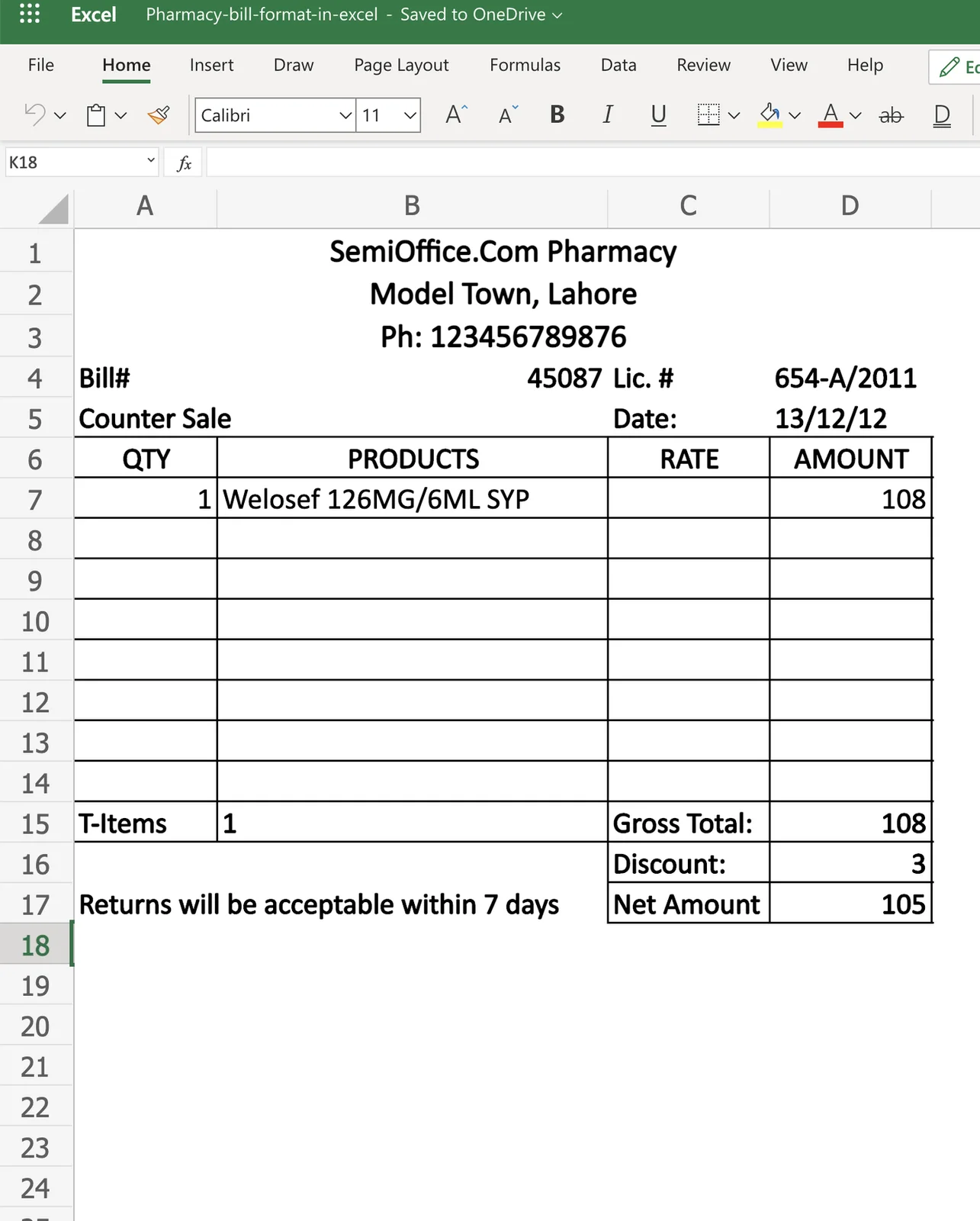 Pharmacy Bill Format in Excel Free Download