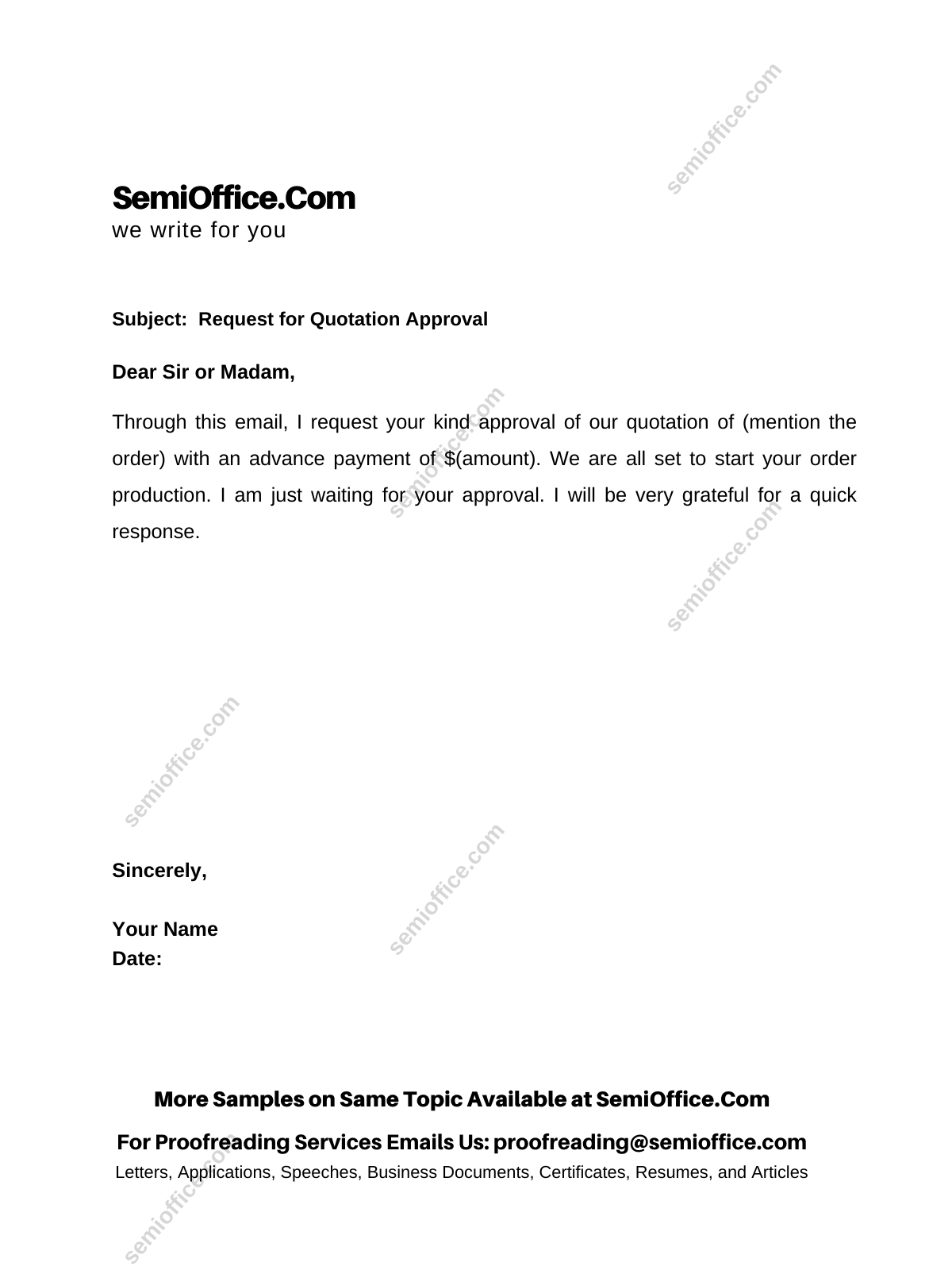 Quotation Approval Request Letter with Advance Payment