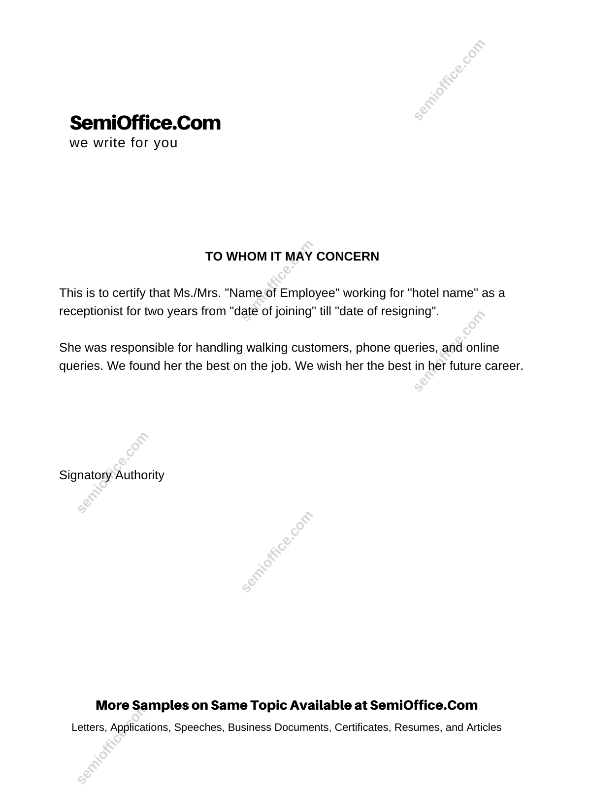 Receptionist Experience Letter for Hotel