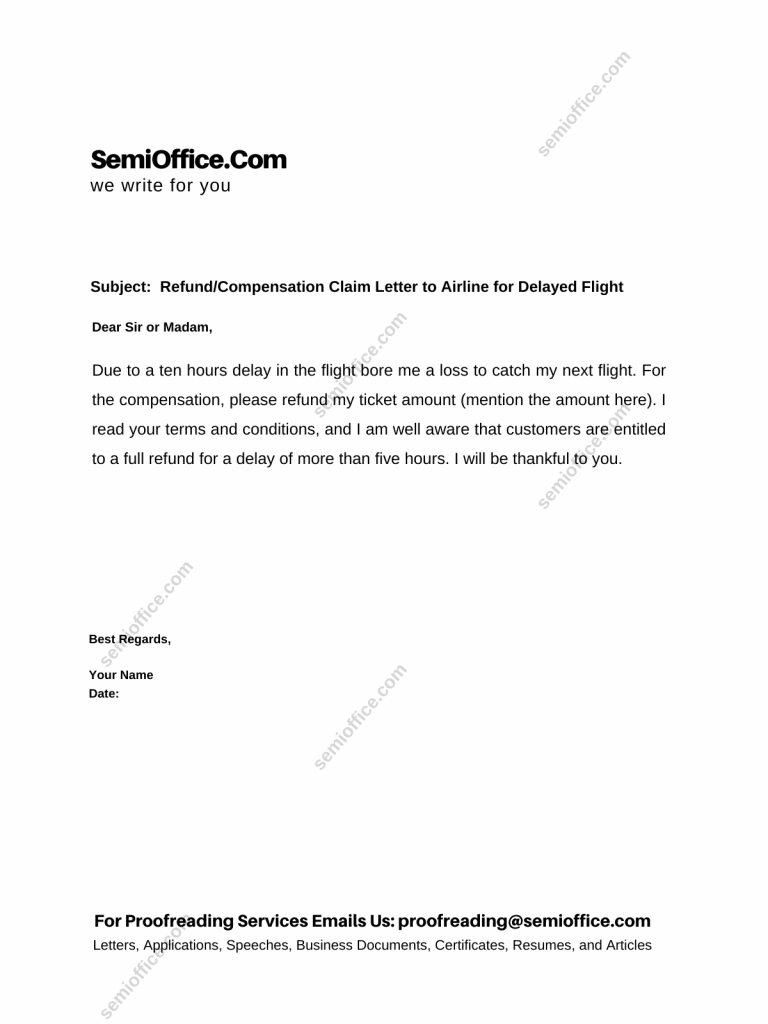 Refund/Compensation Claim Letter to Airline for Delayed Flight