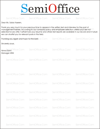 Rejection Letter Sample for Job Applicant