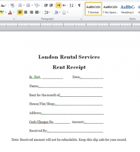 Rent Receipt Format in Word