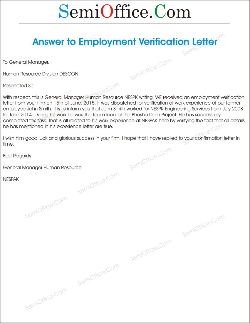 Reply to Employment Verification Letter