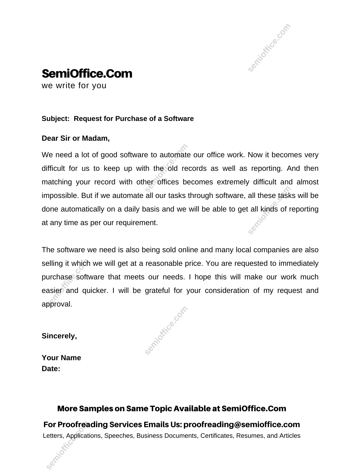 Request Email Letter to Purchase Software for Office, Retail Store, Factory etc