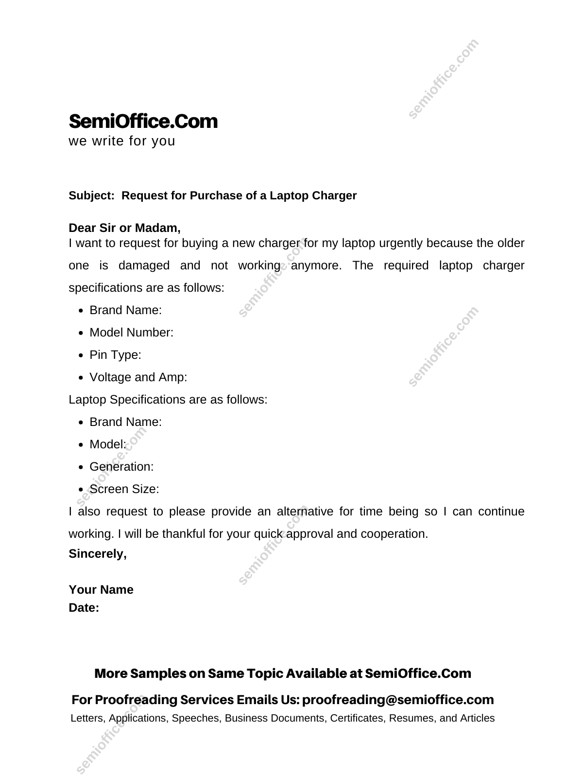 Request Letter for Purchasing or Buying a New Laptop Charger in Office, School, Factory etc