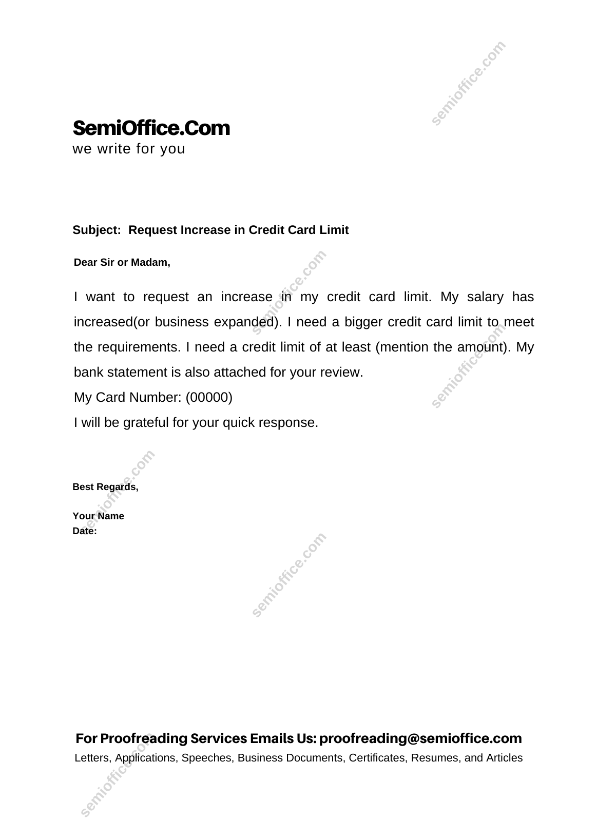 Request Letter for Increase in Credit Card Limit