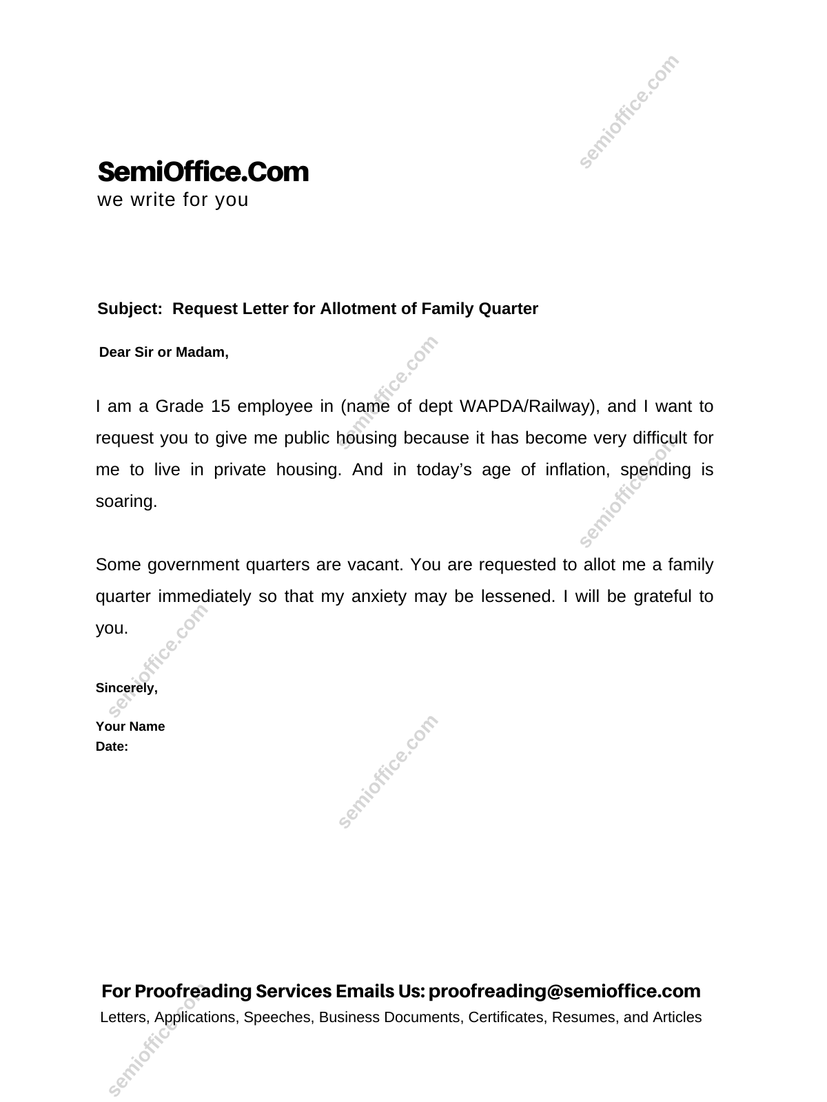 Request Letter for Allotment of Family Quarter