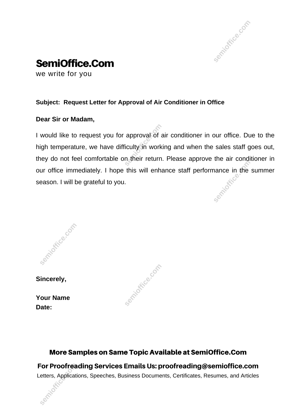 Request Letter for Approval of Air Conditioner in Office