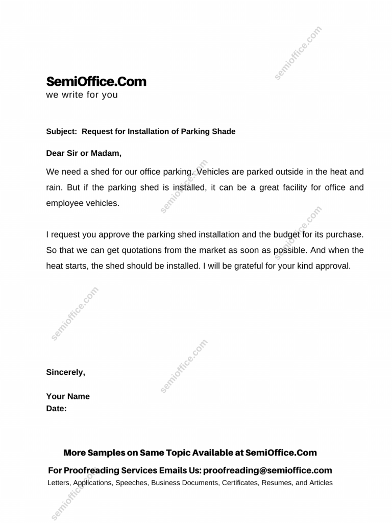 Request Letter for Approval to Purchase and Installation of Parking Shades