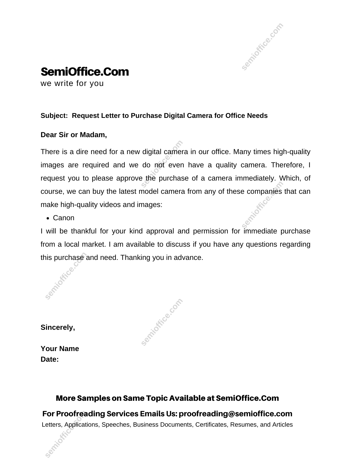 Request Letter for Purchase of Digital Camera or smart camera for Office, Company or Factory