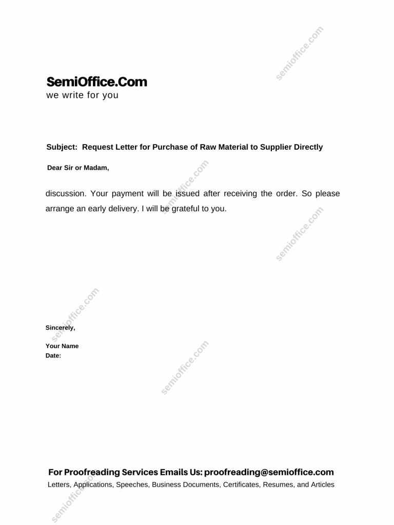 Request Letter for Purchase of Raw Material to Supplier Directly