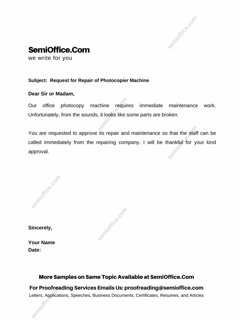 Request Letter for Repair of Photocopier Machine