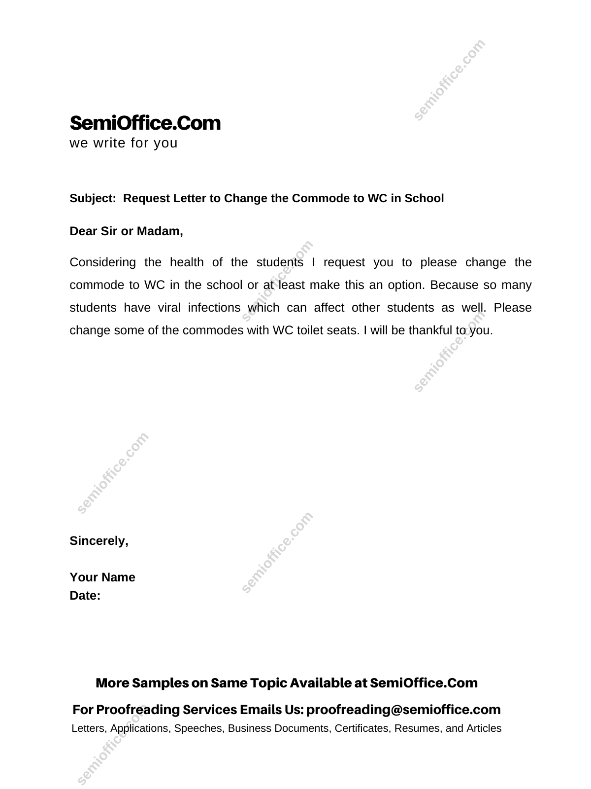 Request Letter to Change the Commode to WC in School