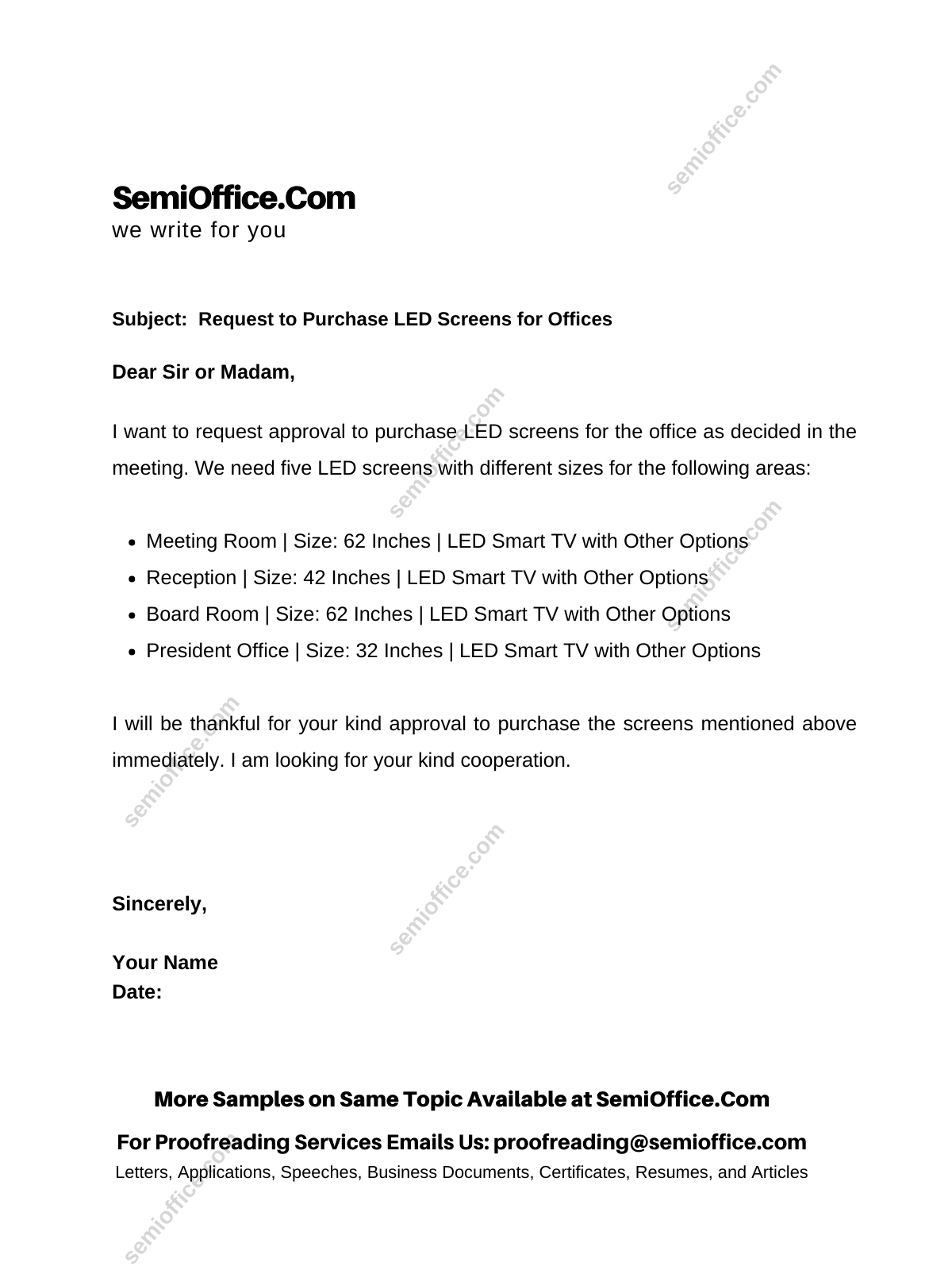 Request Letter to Purchase LED Screens for Office, Company, or Factory