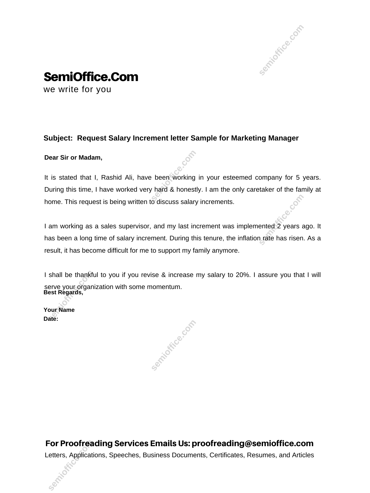 Request Salary Increment letter Sample for Marketing Manager