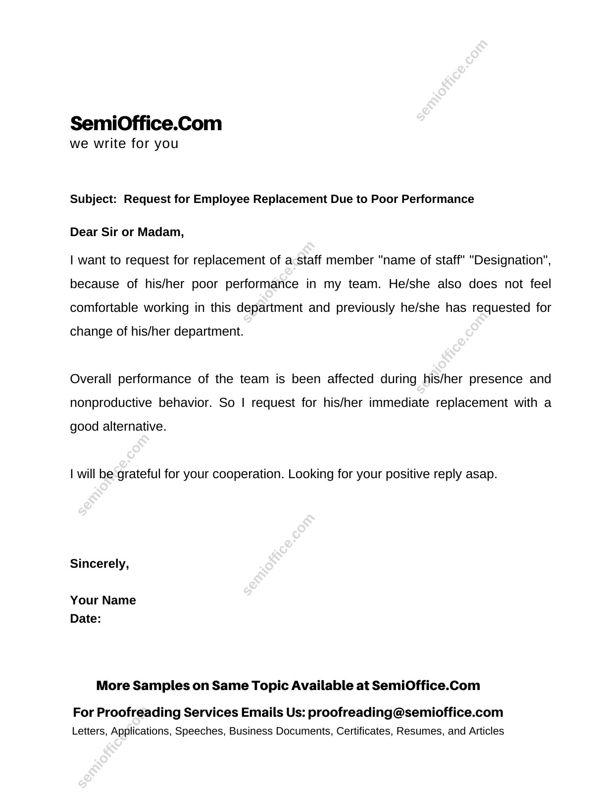 Request for Employee Replacement Due to Poor Performance