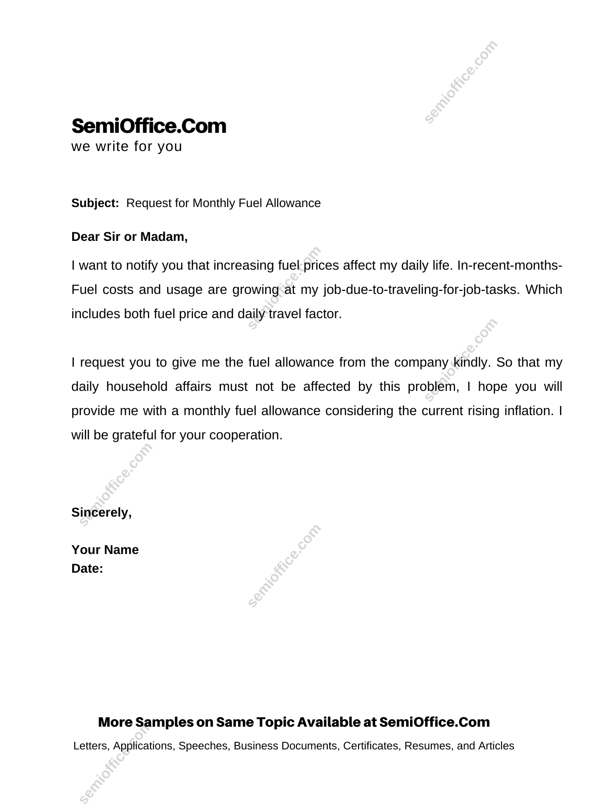 Request for Fuel Allowance to Company