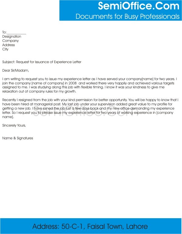Request for Experience Letter From Company. Request for Issuance of Experience Letter