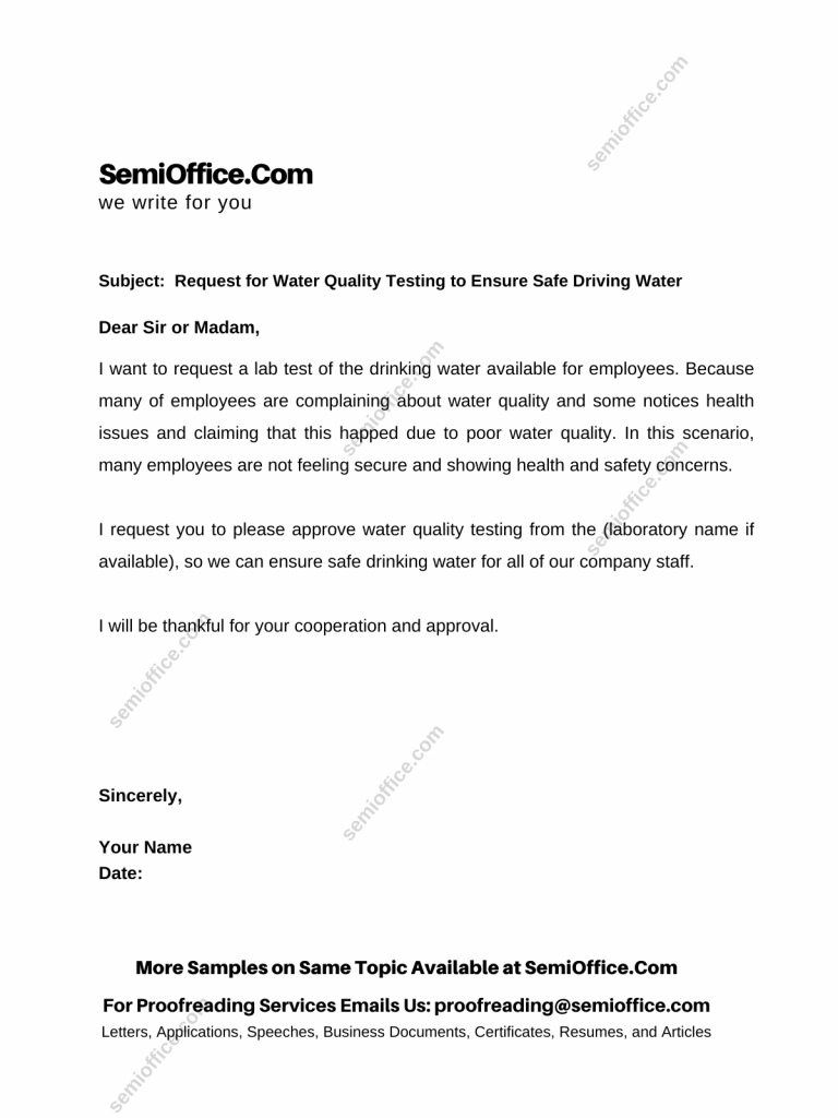 Request for Water Quality Testing to Ensure Safe Driving Water for employees and residents