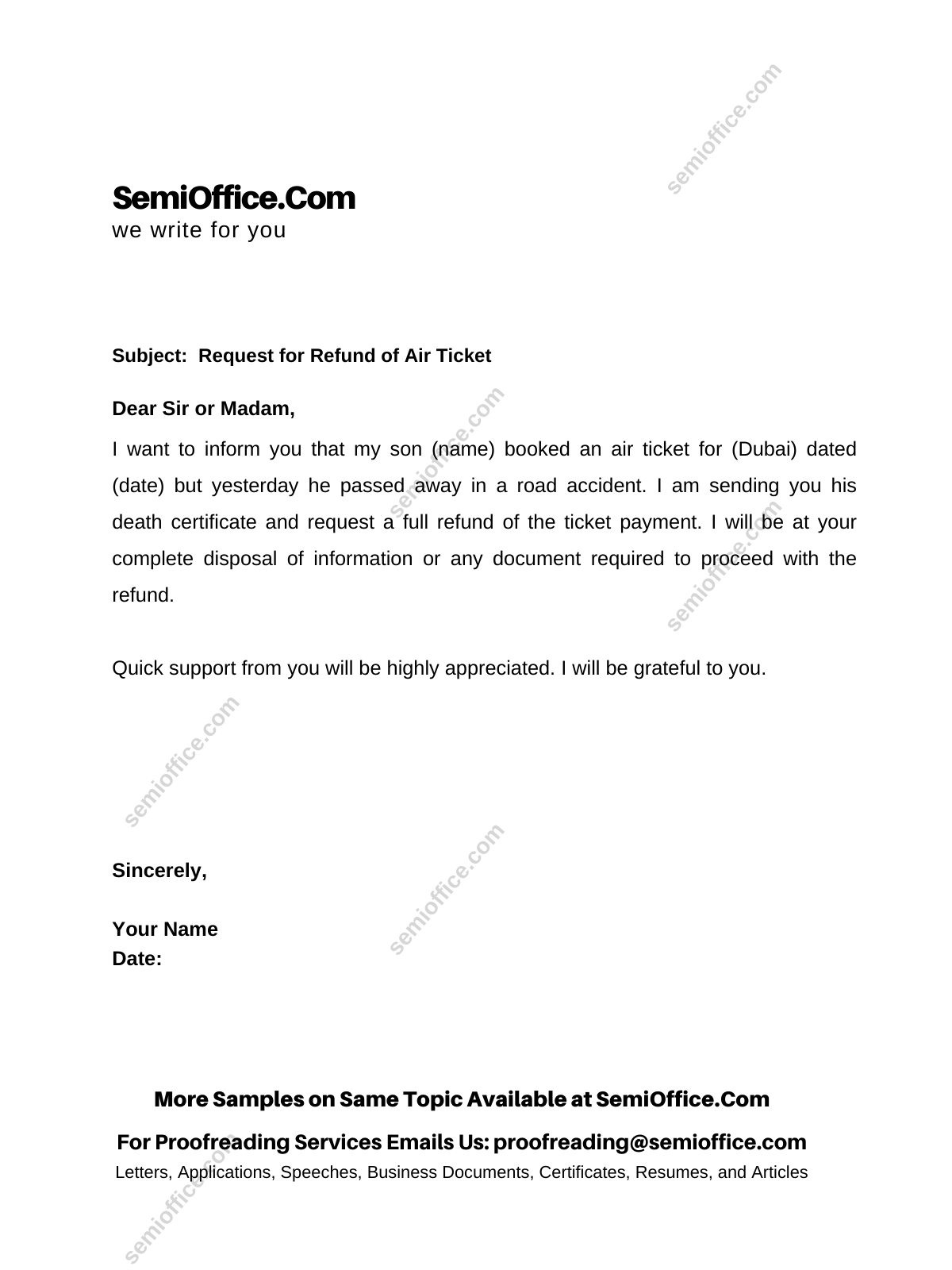 Request letter for Refund of Air Ticket to Airline