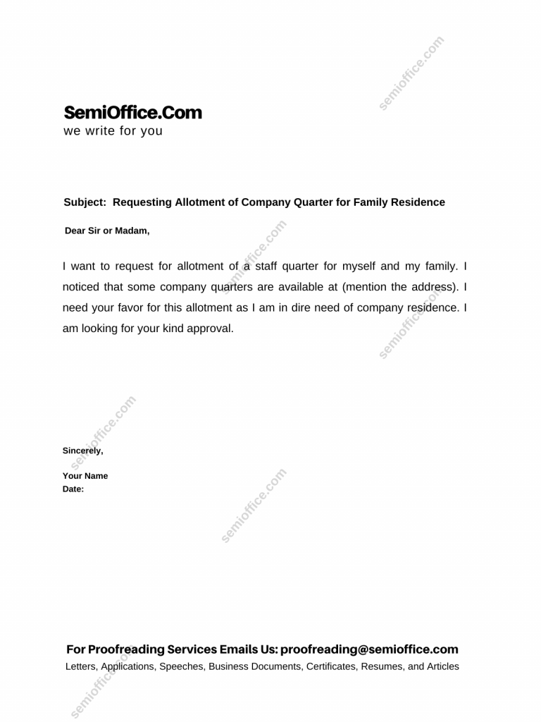 Requesting Allotment of Company Quarter for Family Residence