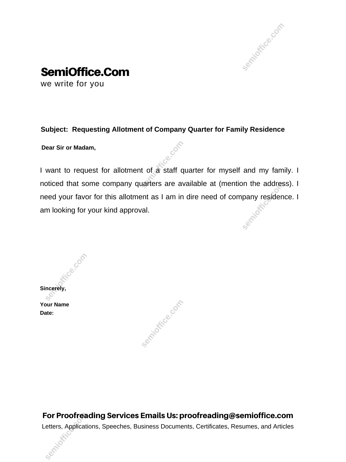 Requesting Allotment of Company Quarter for Family Residence
