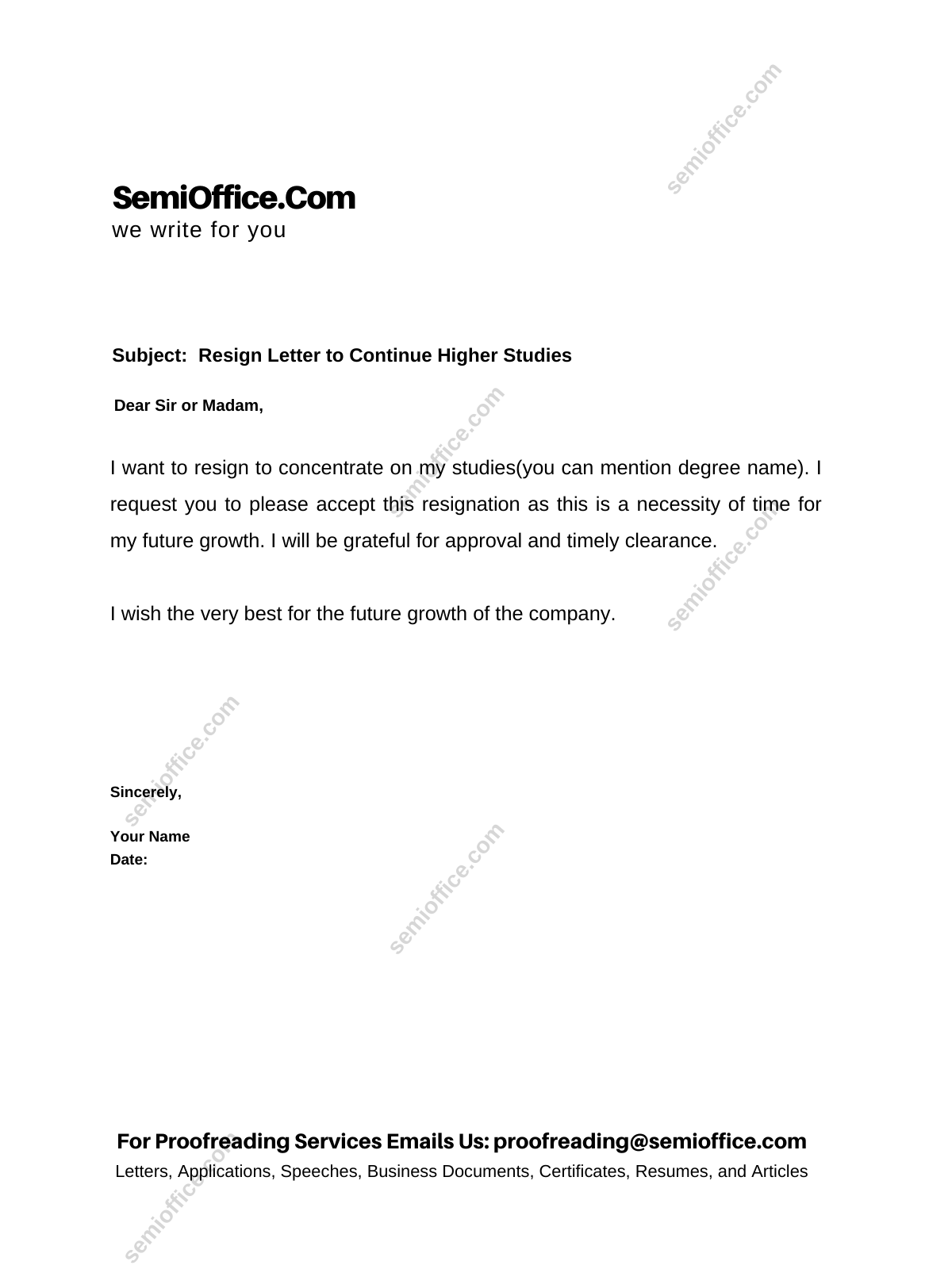 Resign Letter to Continue Higher Studies